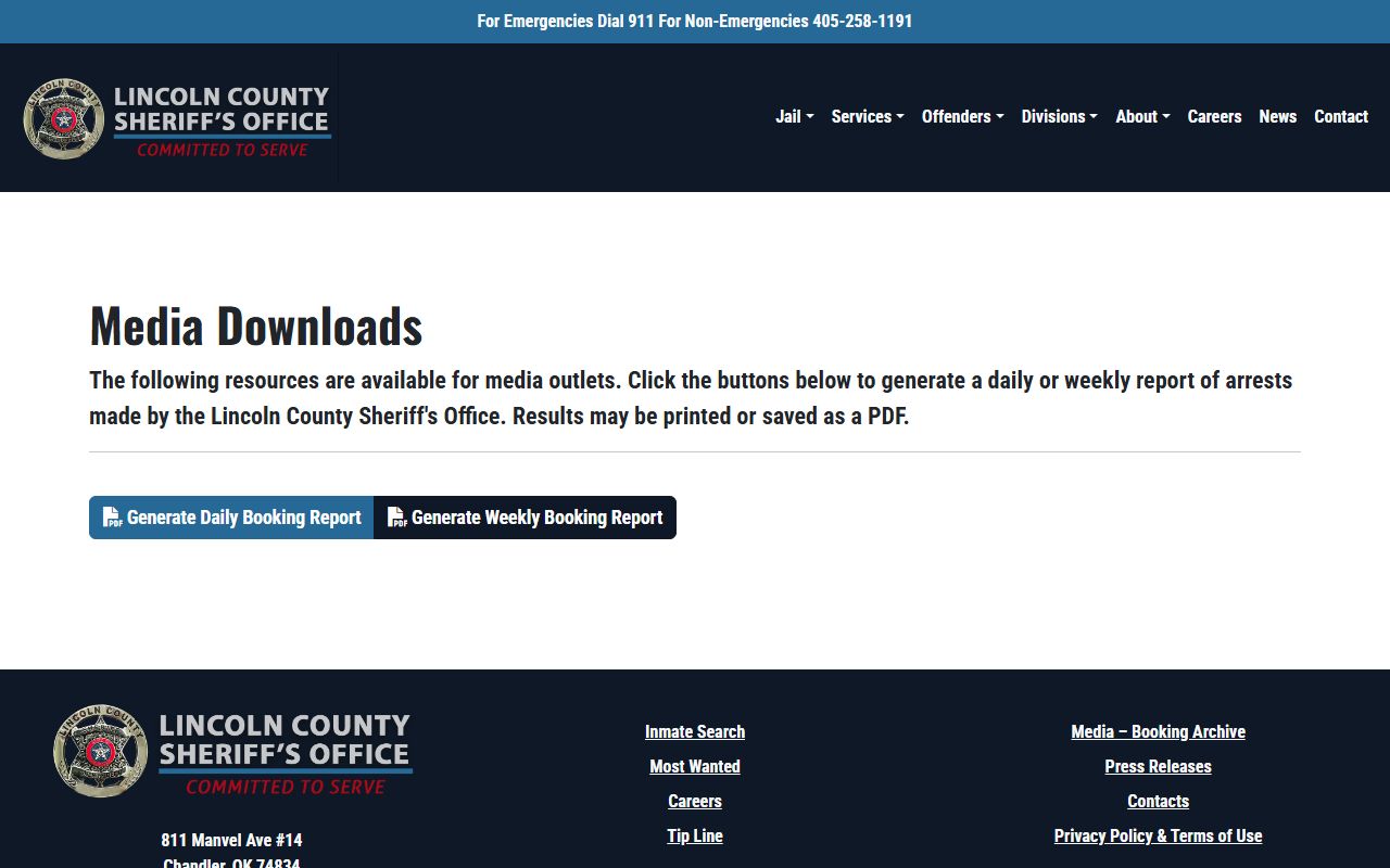Lincoln County booking reports media page for jail arrest records