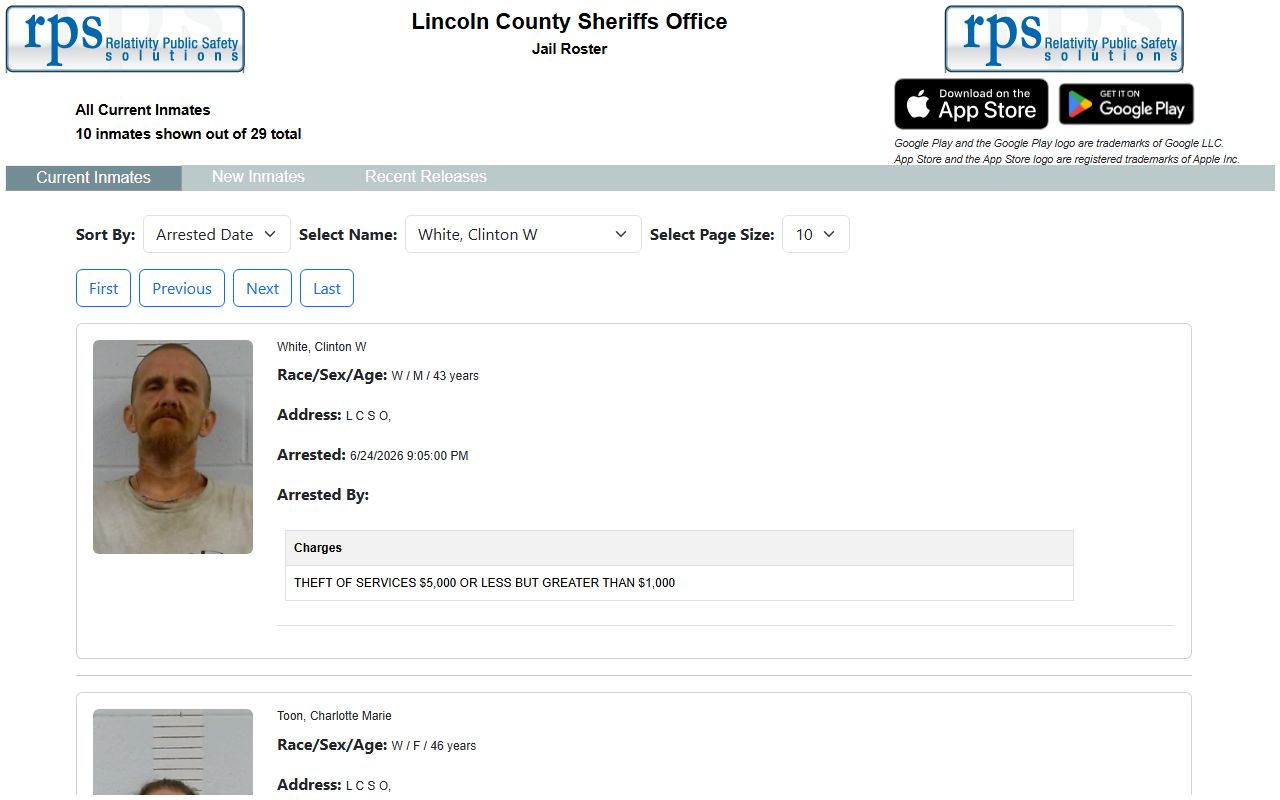 Lincoln County inmate population current roster with booking photos and charges