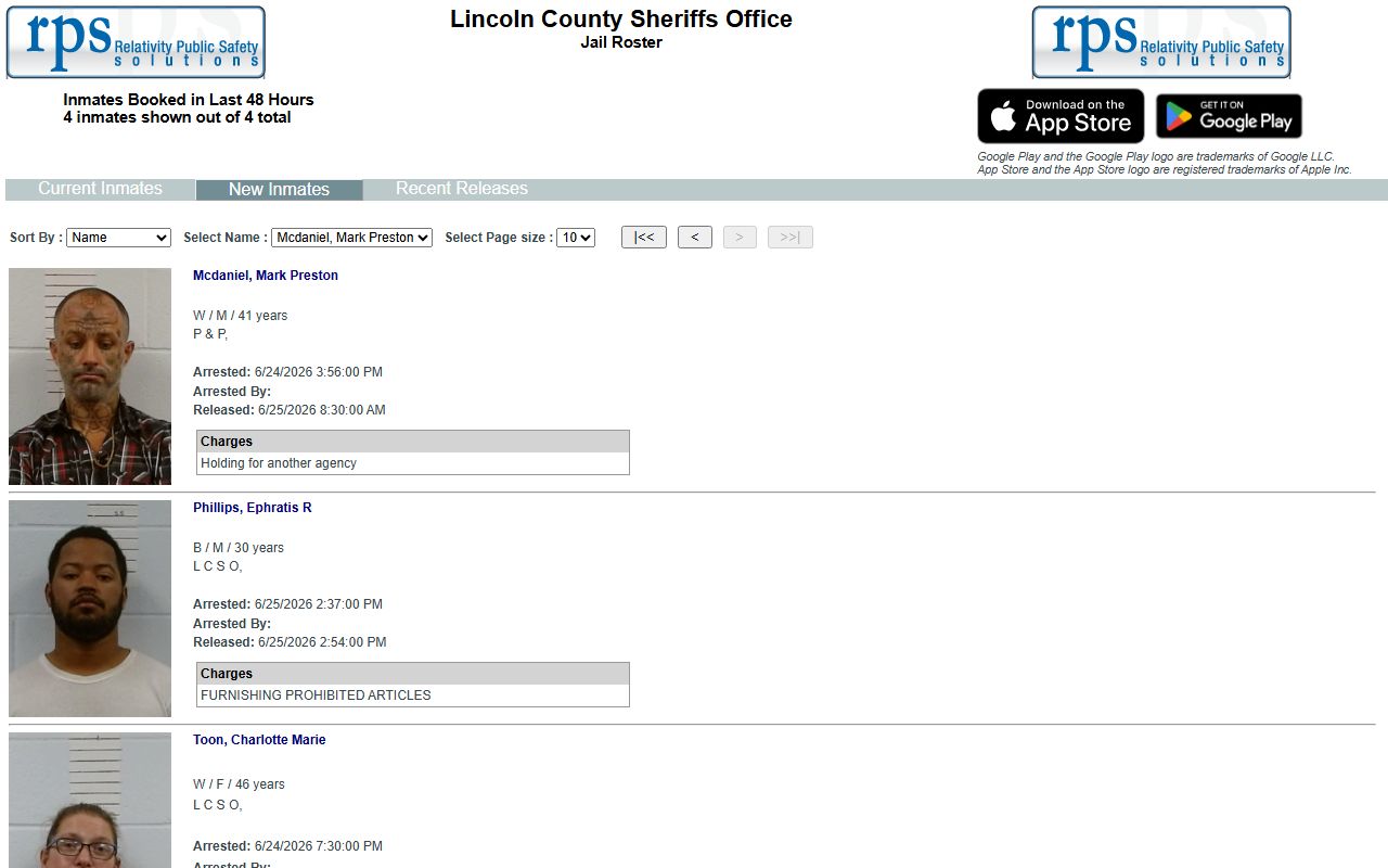 Lincoln County booking photos on RPS new inmates roster