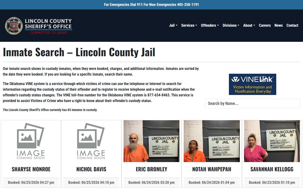 Lincoln County Sheriff's Office inmate-search page with custody cards and search field