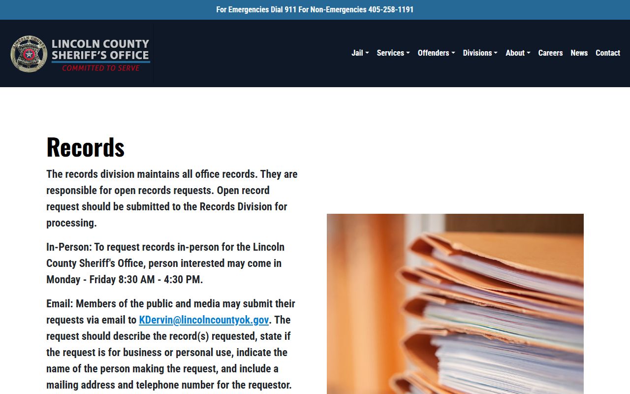 Lincoln County sheriff records request page for inmate population and booking records